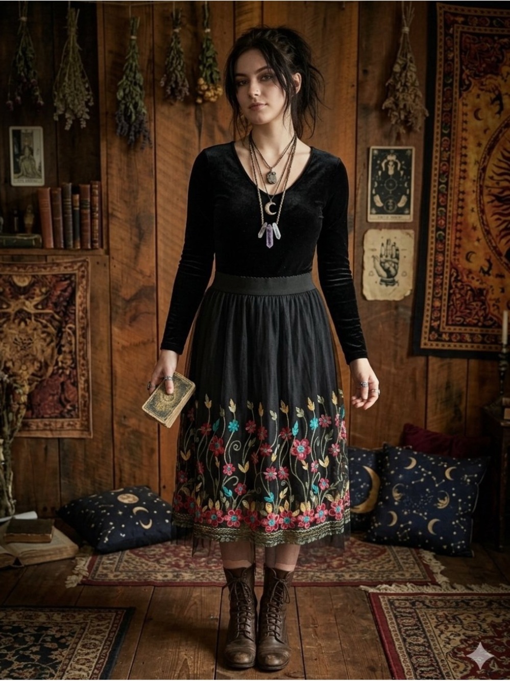 Studio West Black Tulle Embroidered Floral Midi Skirt L Whimsigoth Boho Fairy